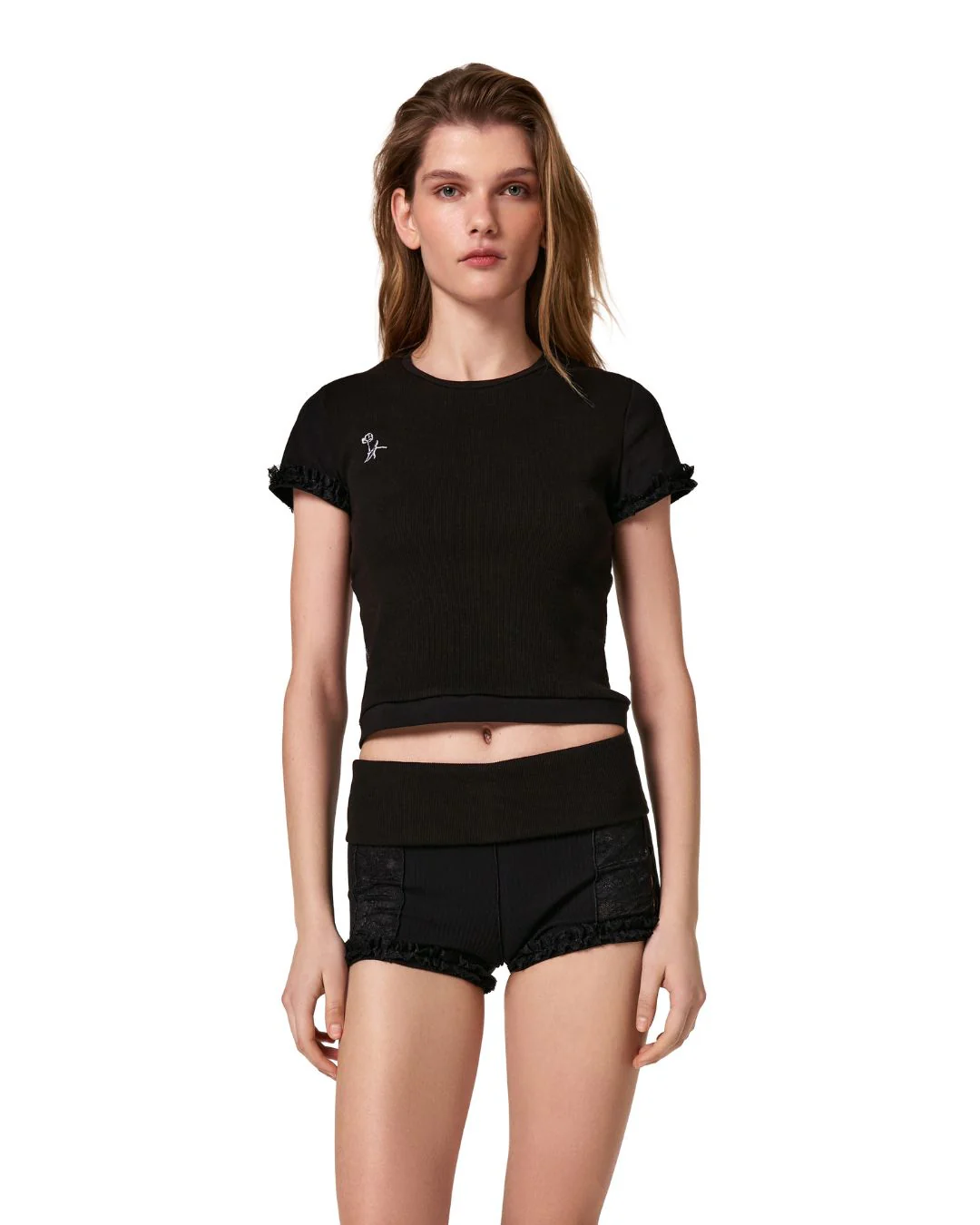 Shorts with Waistband and Lace in Black - Image 3