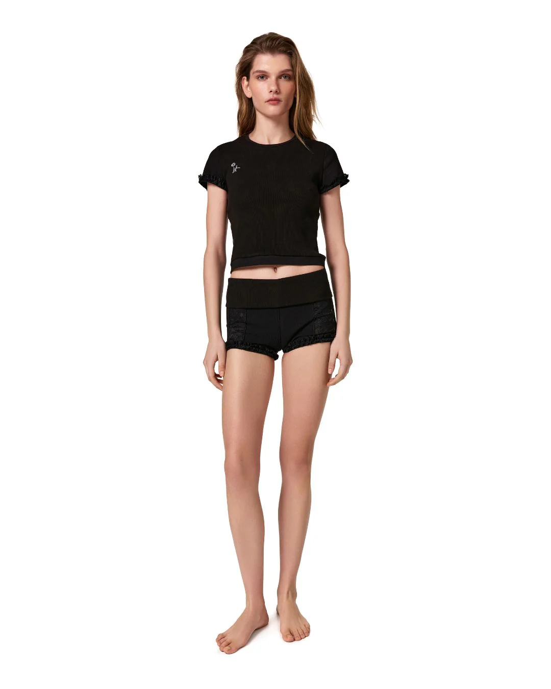 Shorts with Waistband and Lace in Black - Image 5