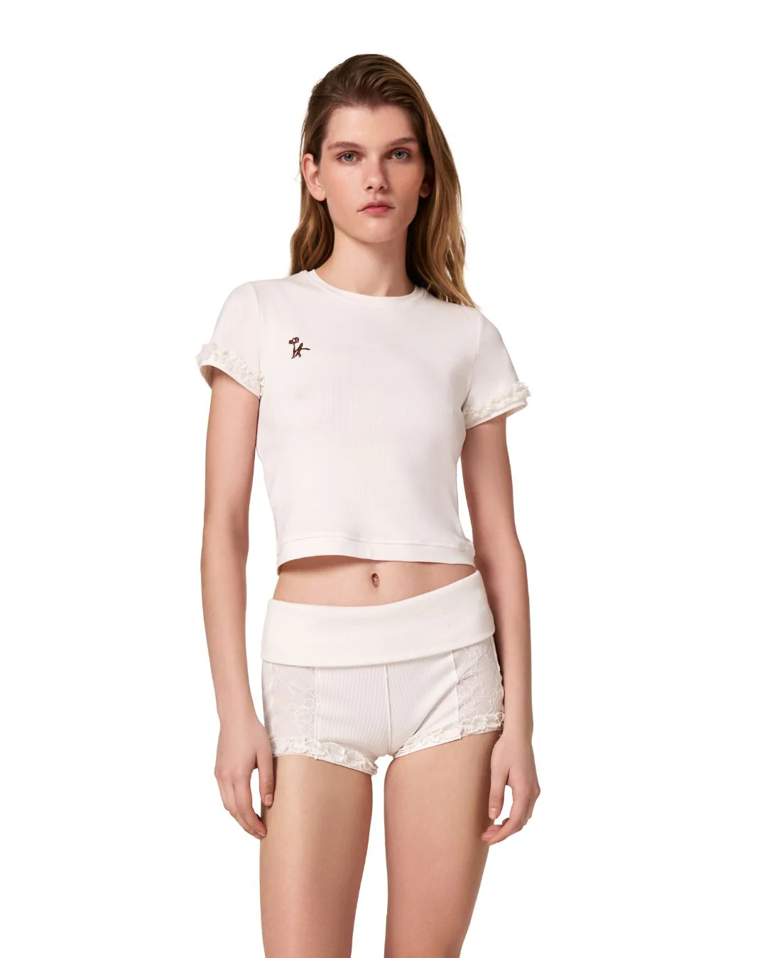 Shorts with Waistband and Lace in White - Image 3