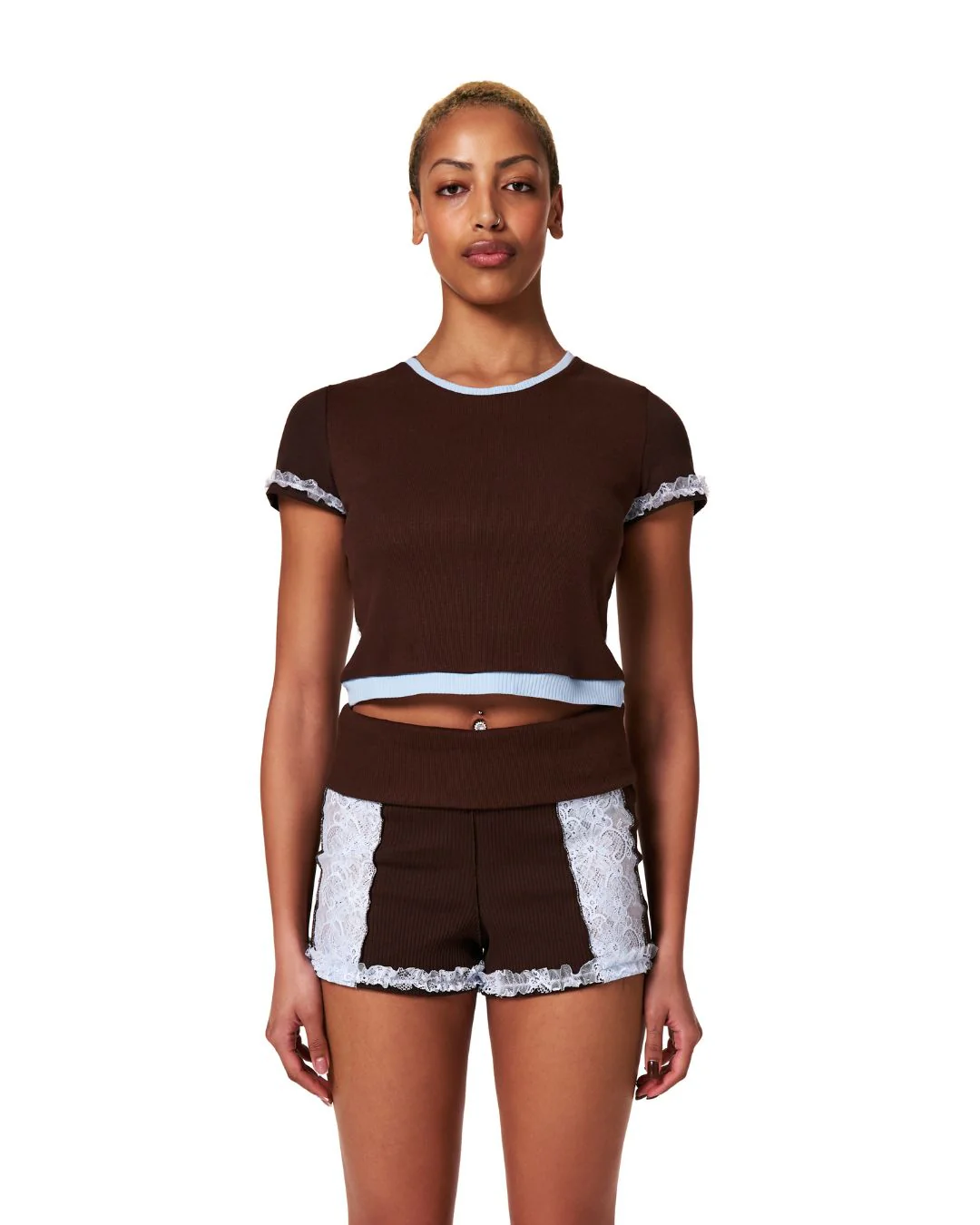 Shorts with Waistband in Brown with Blue Lace - Image 3