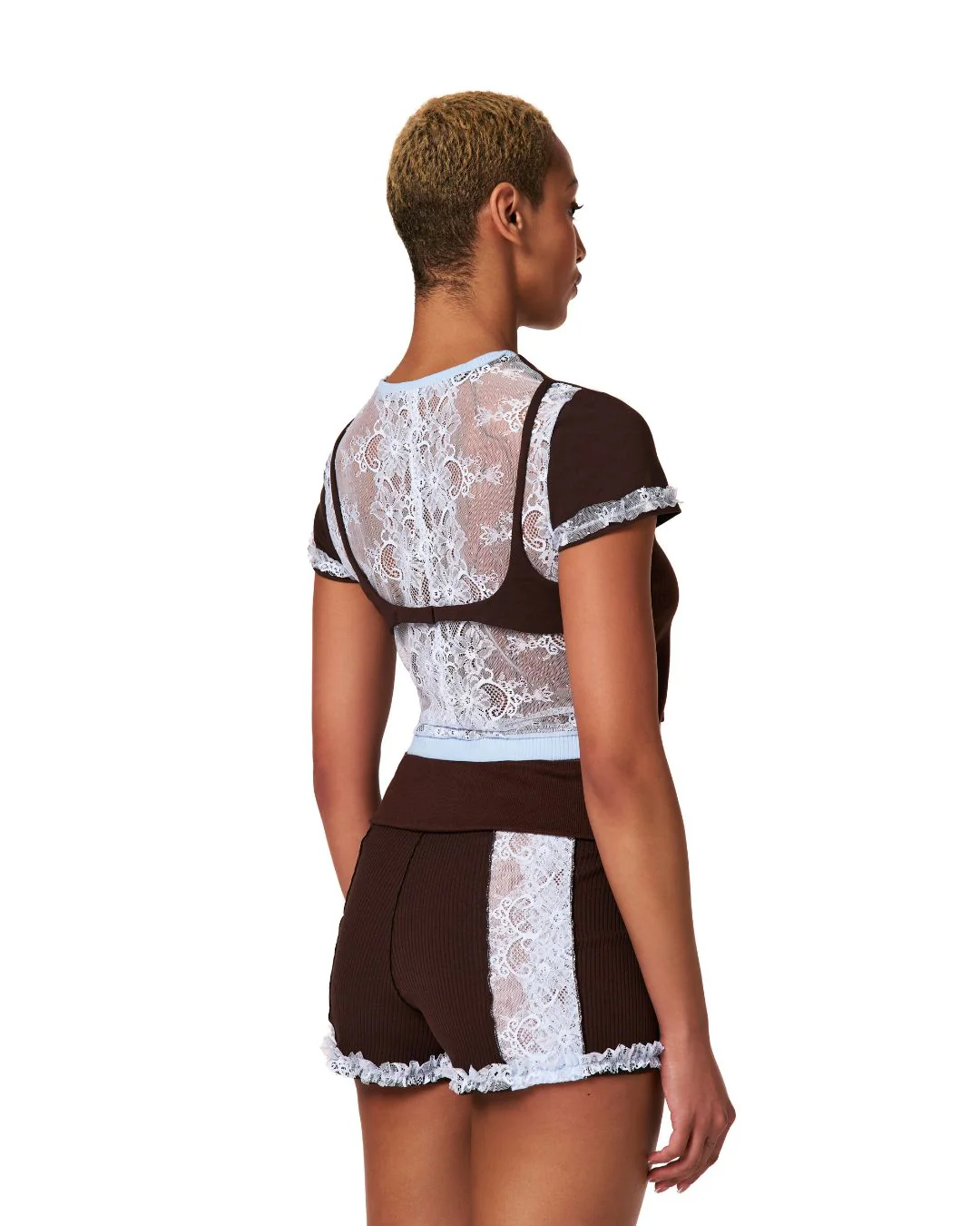 Shorts with Waistband in Brown with Blue Lace - Image 4