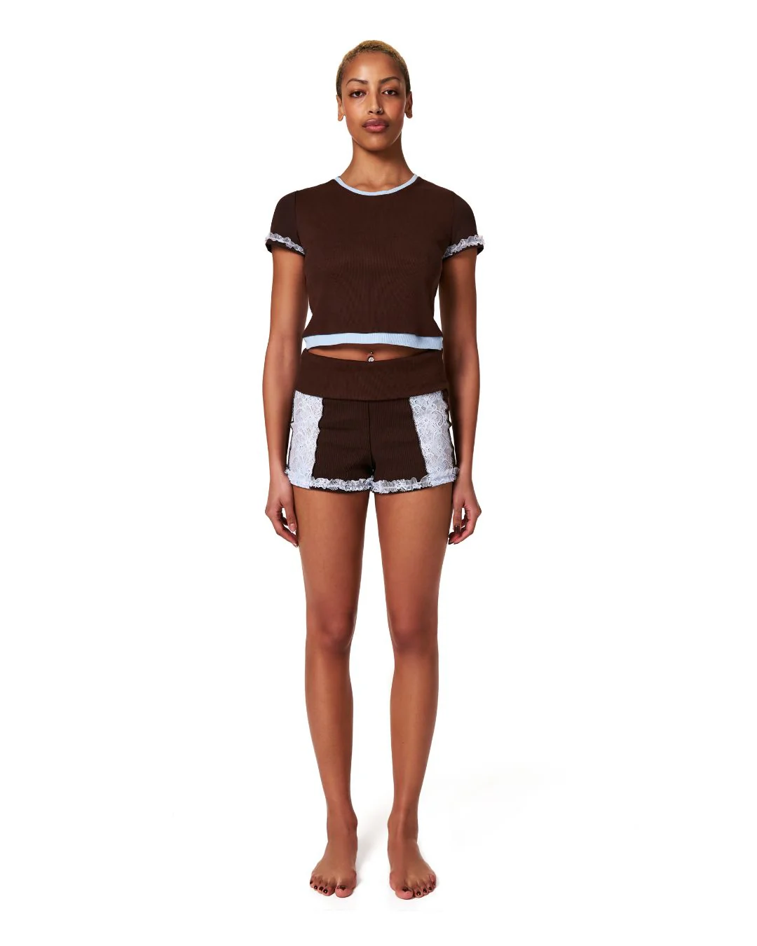 Shorts with Waistband in Brown with Blue Lace - Image 5