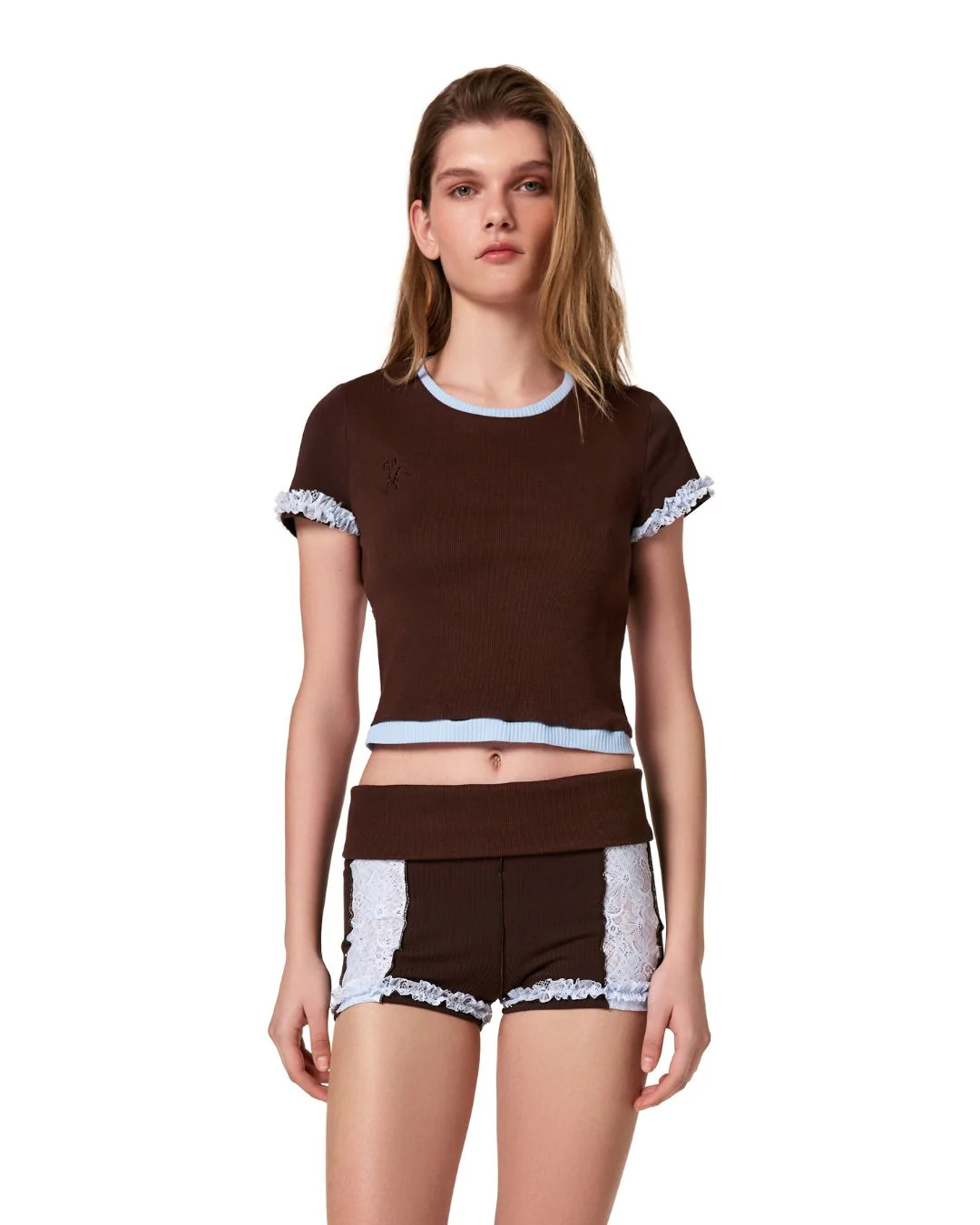 T-Shirt with Bra Imitation in Brown with Blue - Image 3