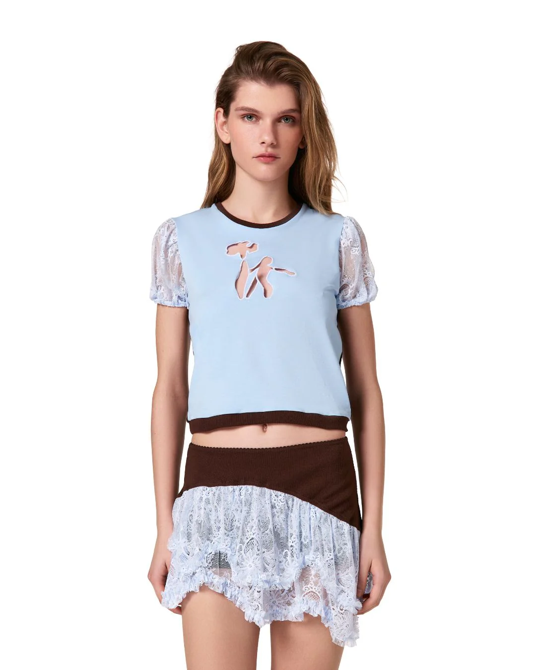T-Shirt with Decorative Cutout in Brown with Blue - Image 3